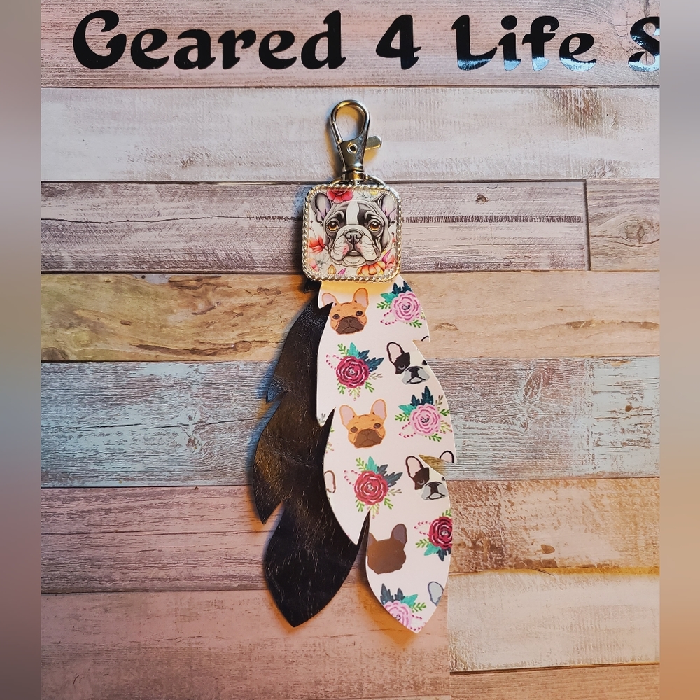 French Bulldog Handmade feather purse charm Keychain Frenchie lover gift